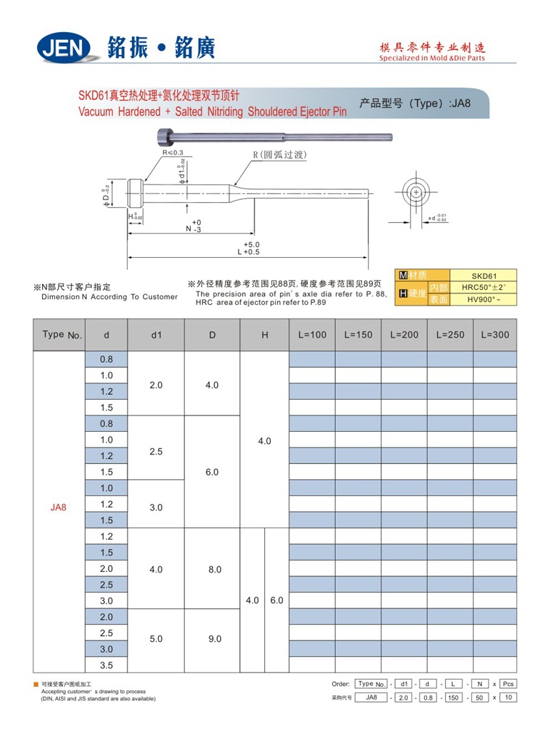 Vacuum Hardened + Salted Nitriding Shouldered Ejector Pin-JA8