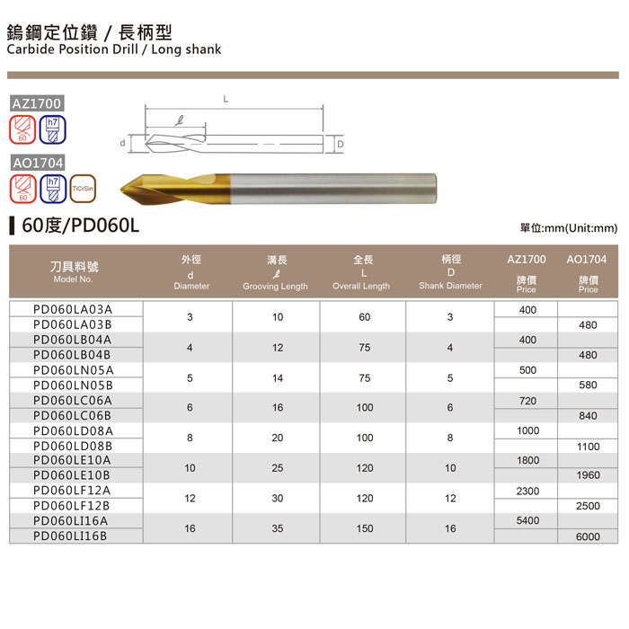 鎢鋼定位鑽 ／ 長柄型-60度/PD060L